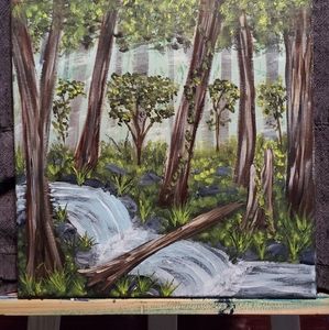 Forest waterfall painting